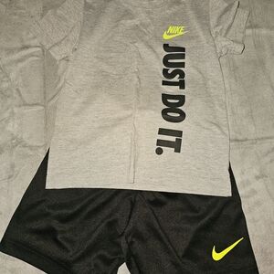 Nike Gray Tee and Black Shorts Set with Neon Yellow Swoosh